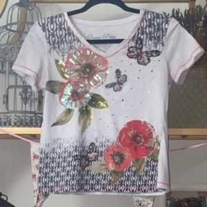 Grannycore Shimmering Butterflies and Flowers T Shirt Sequins Party Fall Holiday